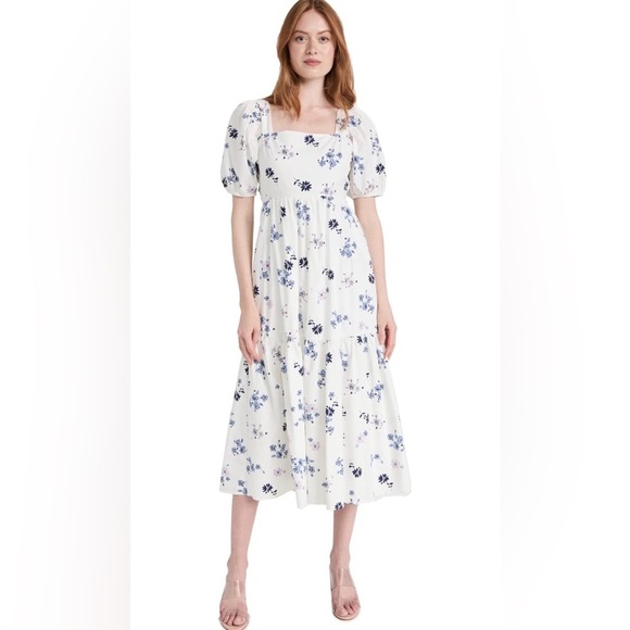Wayf Dresses & Skirts - WAYF White Blue Floral Puff Sleeve Tie Back Midi Dress XS